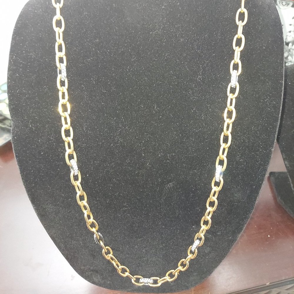 Gold cable link necklace with silver and crystal link details